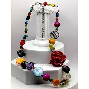 Vintage Mixed Media Shell, Ceramic, Glass and Acrylic Beads Multi-Colored 19"